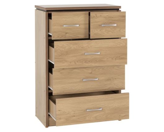 Charles 3+2 Drawer Chest - Oak Effect Veneer with Walnut Trim