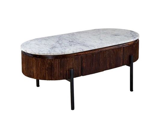 Opal Mango Wood Rectangular Fluted Coffee Table With Marble Top & Metal Legs