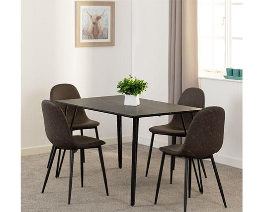 MARLOW & ATHENS DINING SET (X4 CHAIRS) - BLACK MARBLE/BROWN FAUX LEATHER