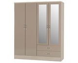 Nevada 4 Door 2 Drawer Mirrored Wardrobe - Oyster Gloss/Light Oak Effect Veneer