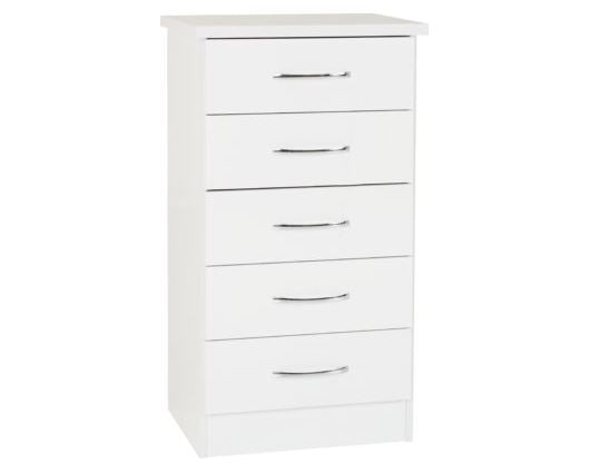 Nevada 5 Drawer Narrow Chest - White Gloss