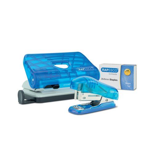 Rapesco 2 Hole Punch Mini Stapler and 26&#47;6mm Staples Set Transparent Blue