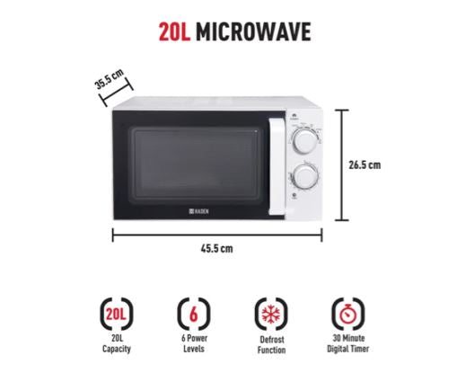 Haden 20L White Microwave Stainless Steel Interior