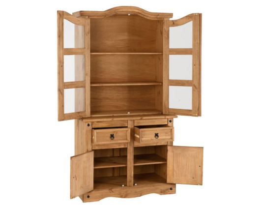 Corona 3' Buffet Hutch - Distressed Waxed Pine/Clear Glass