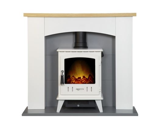 Adam Huxley in Pure White & Grey with Aviemore Electric Stove in White Enamel, 39 Inch