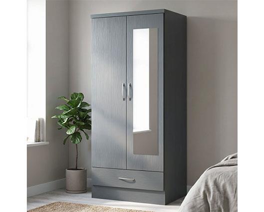 NEVADA MIRRORED 2 DOOR WARDROBE - 3D EFFECT GREY
