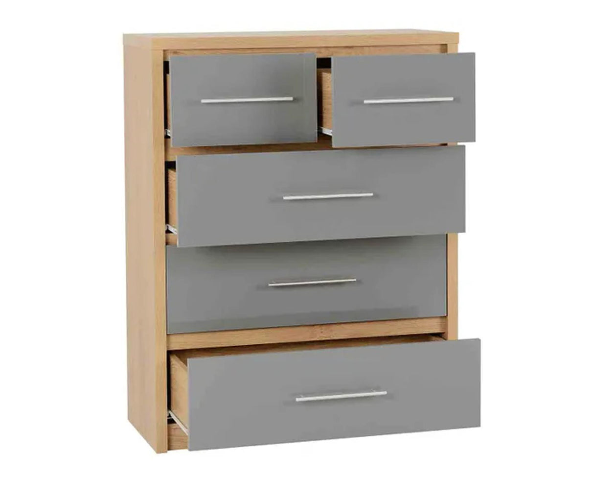 Seville 3+2 Drawer Chest - Grey High Gloss/Light Oak Effect Veneer
