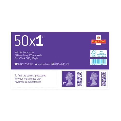 Royal Mail First Class Postage Stamp Sheet (Pack of 50) BBS1