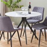 Aspen round dining table, gloss white sintered stone table top with black pedestal leg