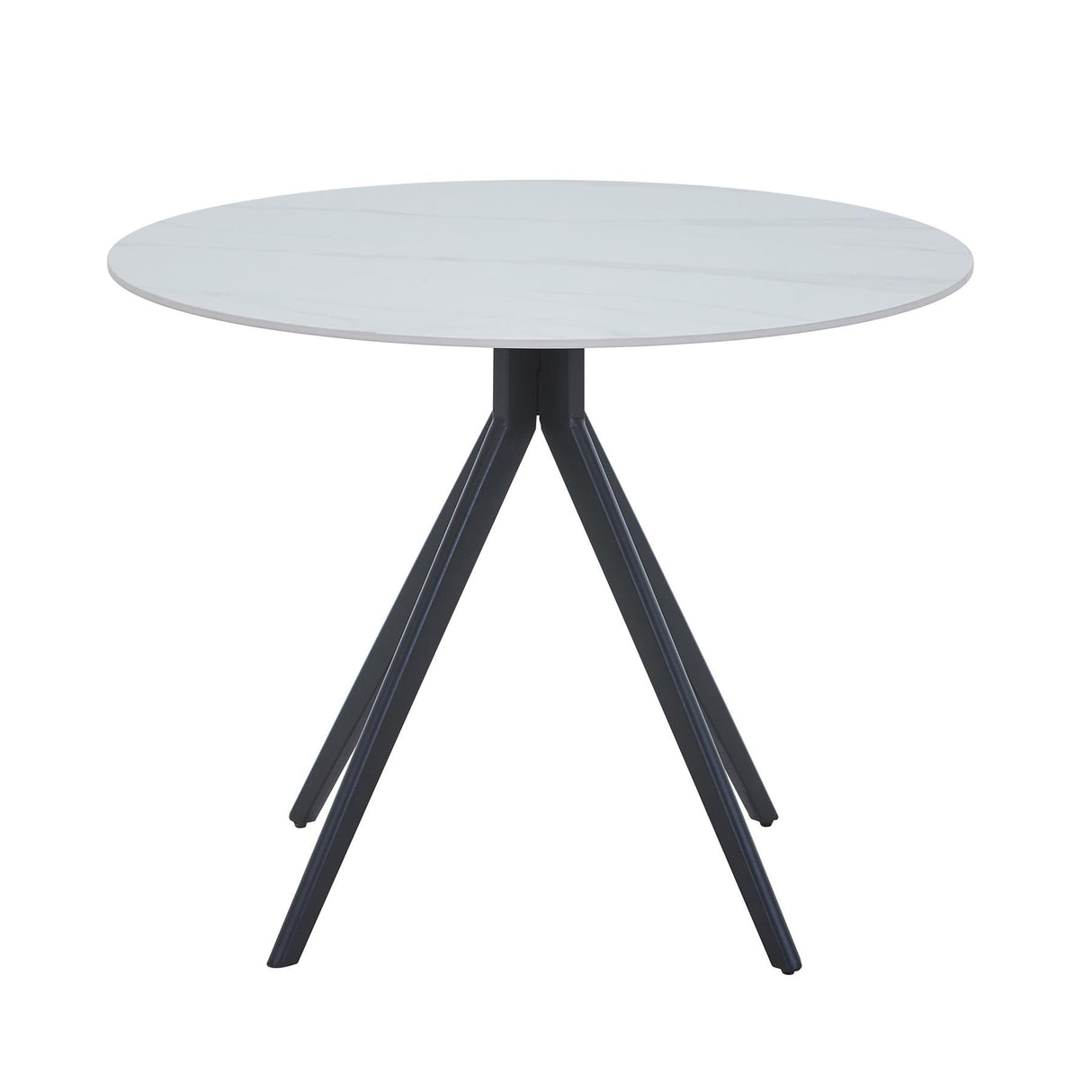 Aspen round dining table, gloss white sintered stone table top with black pedestal leg