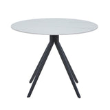 Aspen round dining table, gloss white sintered stone table top with black pedestal leg