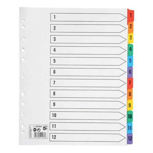 5 Star Office Maxi Index 1-12 Multipunched Mylar-reinforced Multicolour Tabs Extra Wide A4+ White