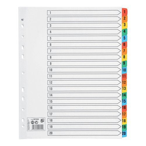 5 Star Office Maxi Index 1-20 Multipunched Mylar-reinforced Multicolour Tabs Extra Wide A4+ White