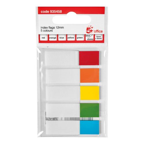 5 Star Office Index Flags 5 Bright Colours 12x45mm 20 Flags per Colour Assorted (Pack of 5)