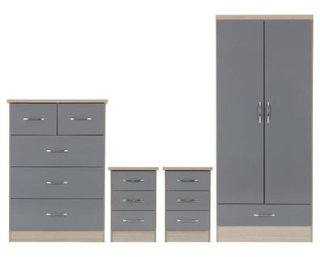NEVADA 2 DOOR 1 DRAWER WARDROBE BEDROOM SET - GREY GLOSS/LIGHT OAK EFFECT VENEER