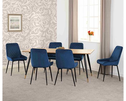 HAMILTON & AVERY LARGE DINING SET (X6 CHAIRS) - MEDIUM OAK EFFECT/SAPPHIRE BLUE VELVET