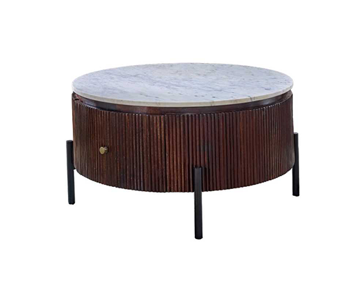 Opal Mango Wood Round Fluted Coffee Table With Marble Top & Metal Legs