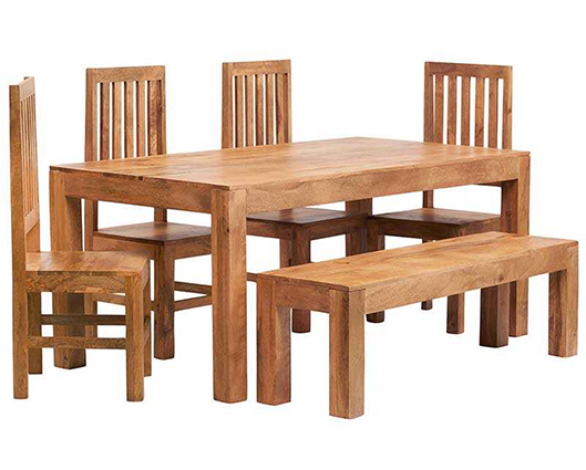 Toko Light Mango 6 FT Dining Set with Bench & 4 Slatted Chairs