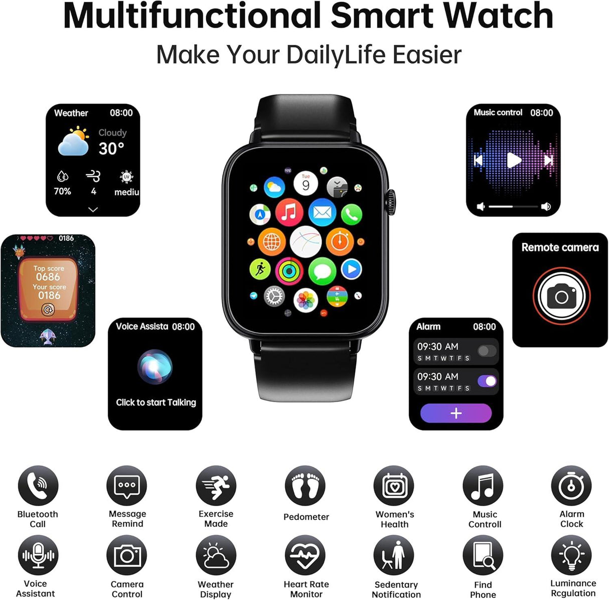 Smart Watch for Men Women - Black