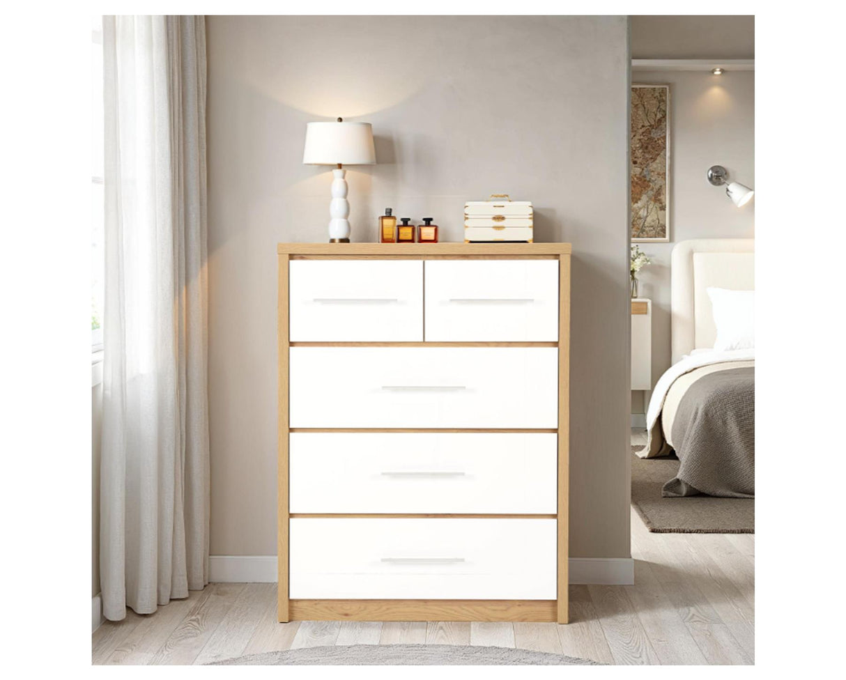 Seville 3+2 Drawer Chest - White High Gloss/Light Oak Effect Veneer