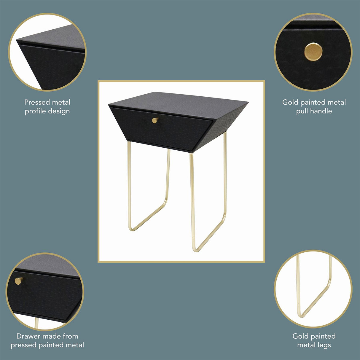 Apollo metal 1 drawer bedside cabinet, black with gold handle and legs
