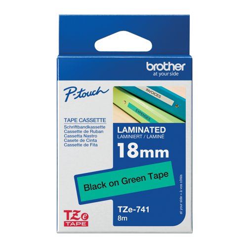 Brother P-Touch TZe Laminated Tape Cassette 18mm x 8m Black on Green Tape TZE741