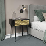 Jupiter metal 1 drawer bedside cabinet, gold drawer with black handle and legs