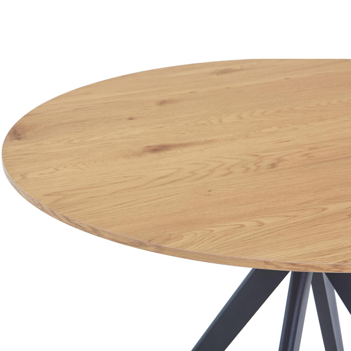 Aspen round dining table, light oak effect top with black pedestal leg