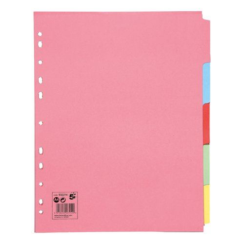 5 Star Office Subject Dividers 5-Part Recycled Card Extra Wide A4 Assorted (Pack of 10)