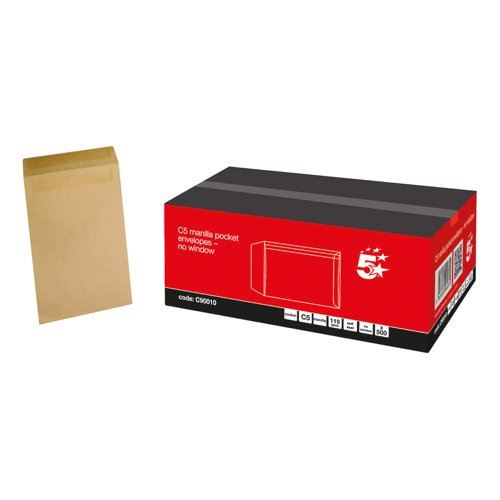 5 Star Office Envelopes Pocket Self Seal 115gsm C5 229x162mm Manilla (Pack of 500)