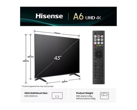 HISENSE 43A6QTUK A6Q 43" LED 4K HDR Smart TV with Freely
