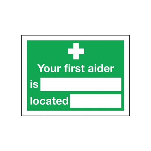 Safety Sign Your First Aider Is 150x200mm Self-Adhesive E42A&#47;S