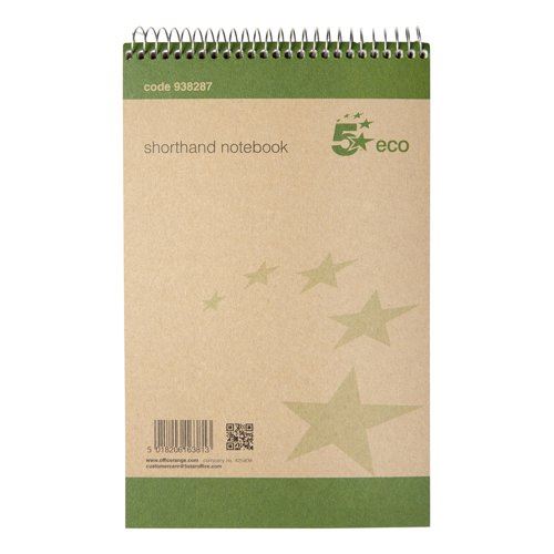 5 Star Eco Shorthand Pad Wirebound 70gsm Ruled 160pp 127x200mm Green&#47;Buff (Pack of 10)