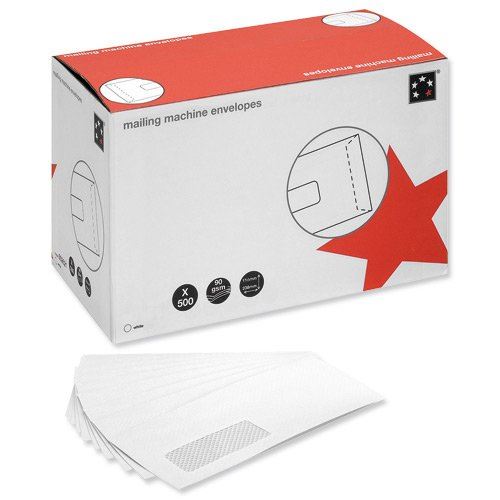 5 Star Office Envelopes Mailing Machine Wallet Gummed Window 90gsm DL White (Pack of 500)