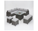 Hadley D.GreyRattan Crnr 5Seat FirepitTable+2stool+bench+Cov