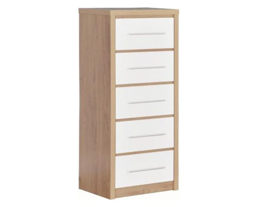 Seville 5 Drawer Narrow Chest - White High Gloss/Light Oak Effect Veneer