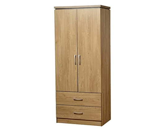 Charles 2 Door 2 Drawer Wardrobe - Oak Effect Veneer with Walnut Trim